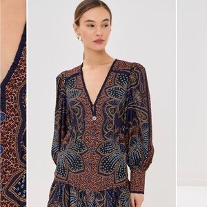 Farm Rio Floral Glam Blue Mini Dress Elegant Navy and Brown patterned top